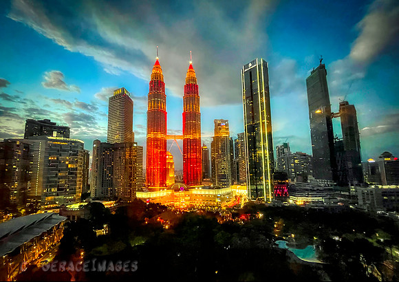 View from Traders Hotel in KL. The Twin Towers were lit up to celebrate Chinese New Year.